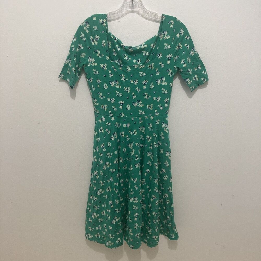 LAND'S END green white purple floral square neck jersey knit a-line dress XS